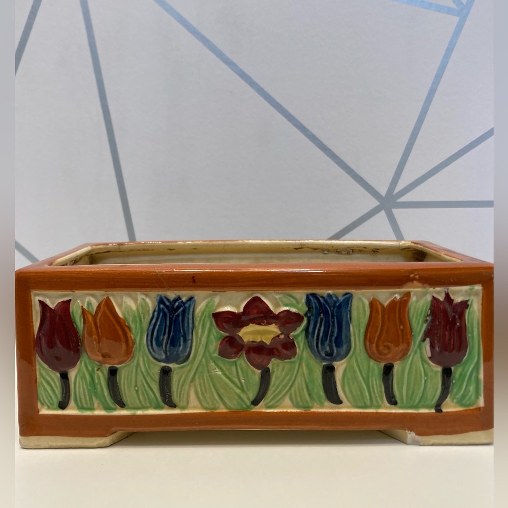 Vintage Tulip Floral Small Window Planter / Shallow Tray